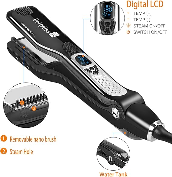 Steam Flat Iron Hair Straightener - Professional Hair Straightening Irons for Smooth and Frizz-Free Results (Black)