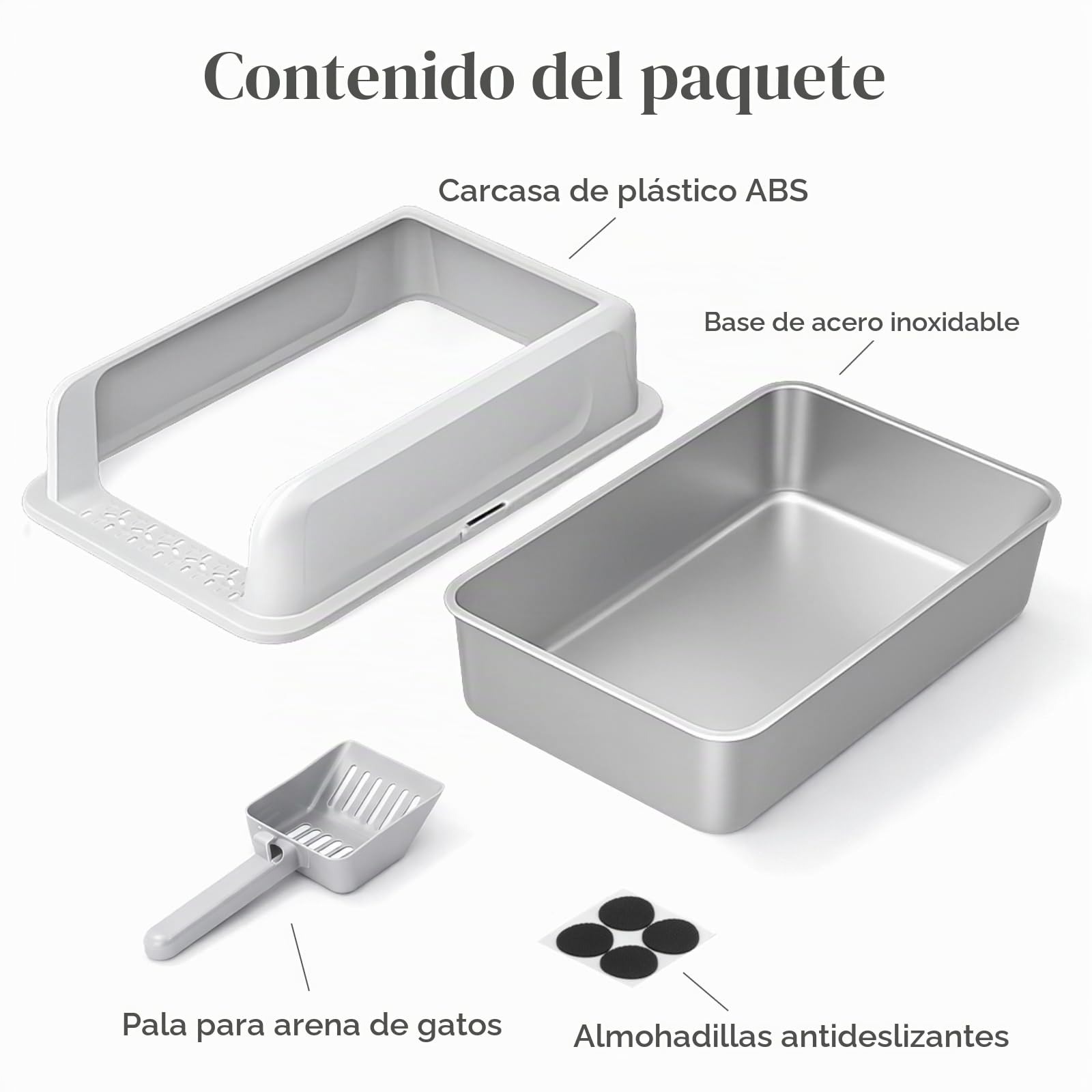 Lifewit Arenero Gato Acero Inoxidable con Pala, Caja de Arena para Gatos Grande, Arenero Gatos para Salón, Dormitorio, 58 x 38 x 26 cm, Gris