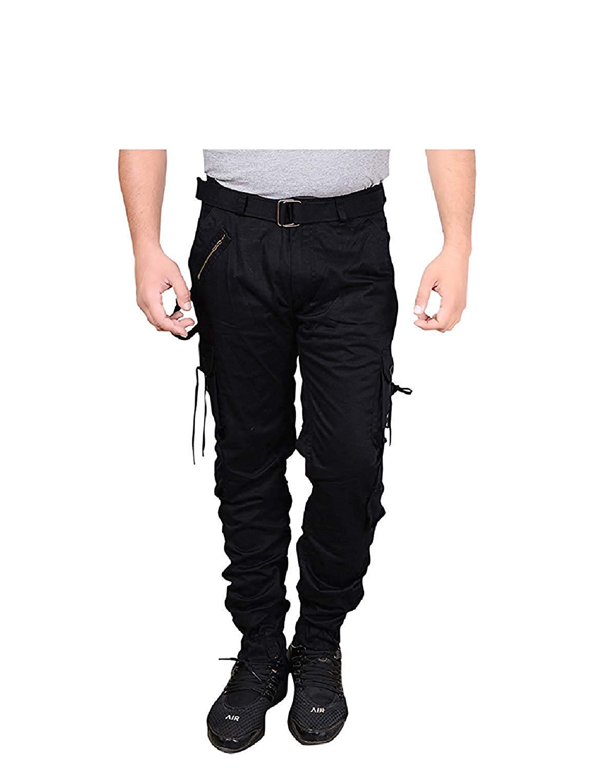 krystle Men's Cotton Solid Relaxed Fit DORI Zipper Slim fit Cargo Jogger Pants (Black)-picture-11
