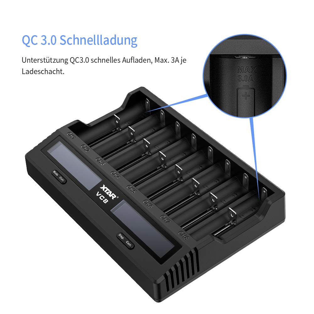 XTAR VC8 Ladegerät 8 Einschübe LCD-Anzeige für 3,6V/3,7V Li-Ion 18650 21700 AA NI-MH Batteriekapazität Testfunktion