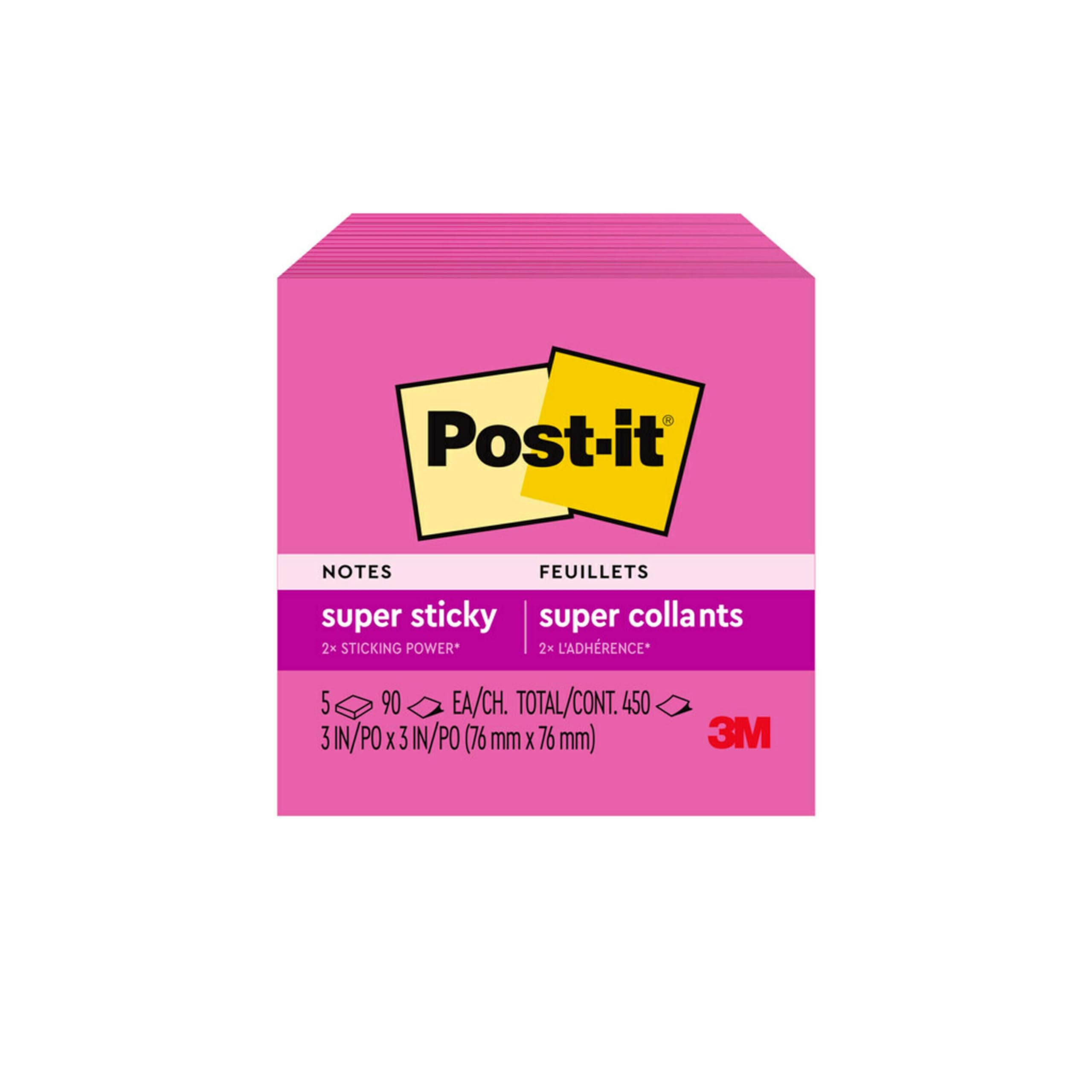 Post-it Super Haftnotizen, 7,6 x 7,6 cm, 5 Blöcke, 90 Blatt/Block, insgesamt 450 Blatt, 2 x Haftkraft, Power Pink