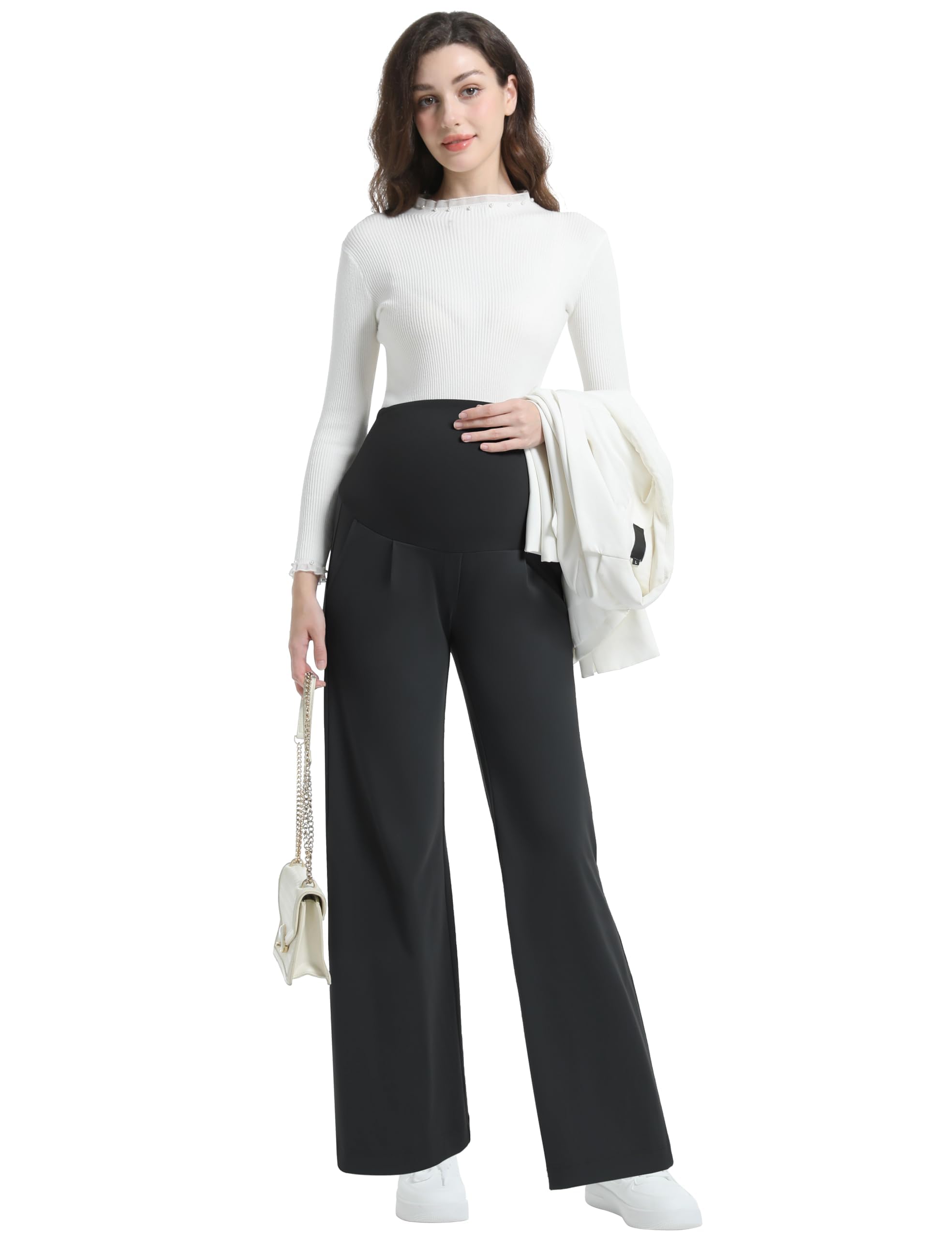 Pantalon Grossesse Femme Jambes Larges Bureau | Taille Haute, Extensible, Avec Poches, Maternité, Travail, Maison