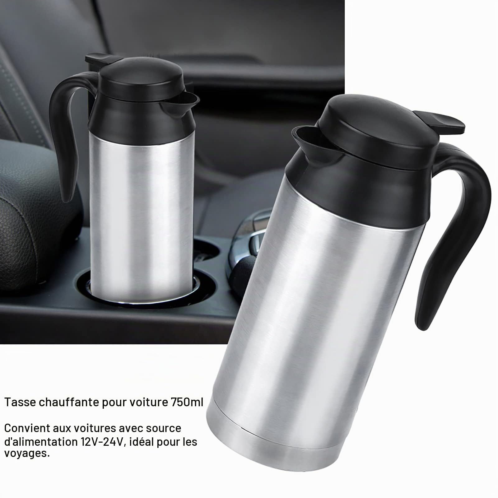 Wakects Bouilloire de Voyage 750ml pour Voiture en Acier Inoxydable, DC 12V 120W Allume Cigare Portable pour Eau Chaude, Café