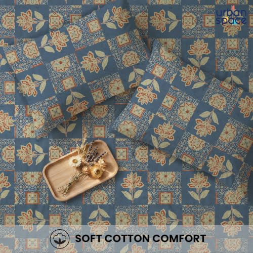 Image of Urban Space 144 TC Divine 100% Cotton Fitted Bedsheet for Double Bed with 2 Pillow Covers, Queen Bedsheet (Size 60 x 72 inches, Adaa Blue, Double Fitted)