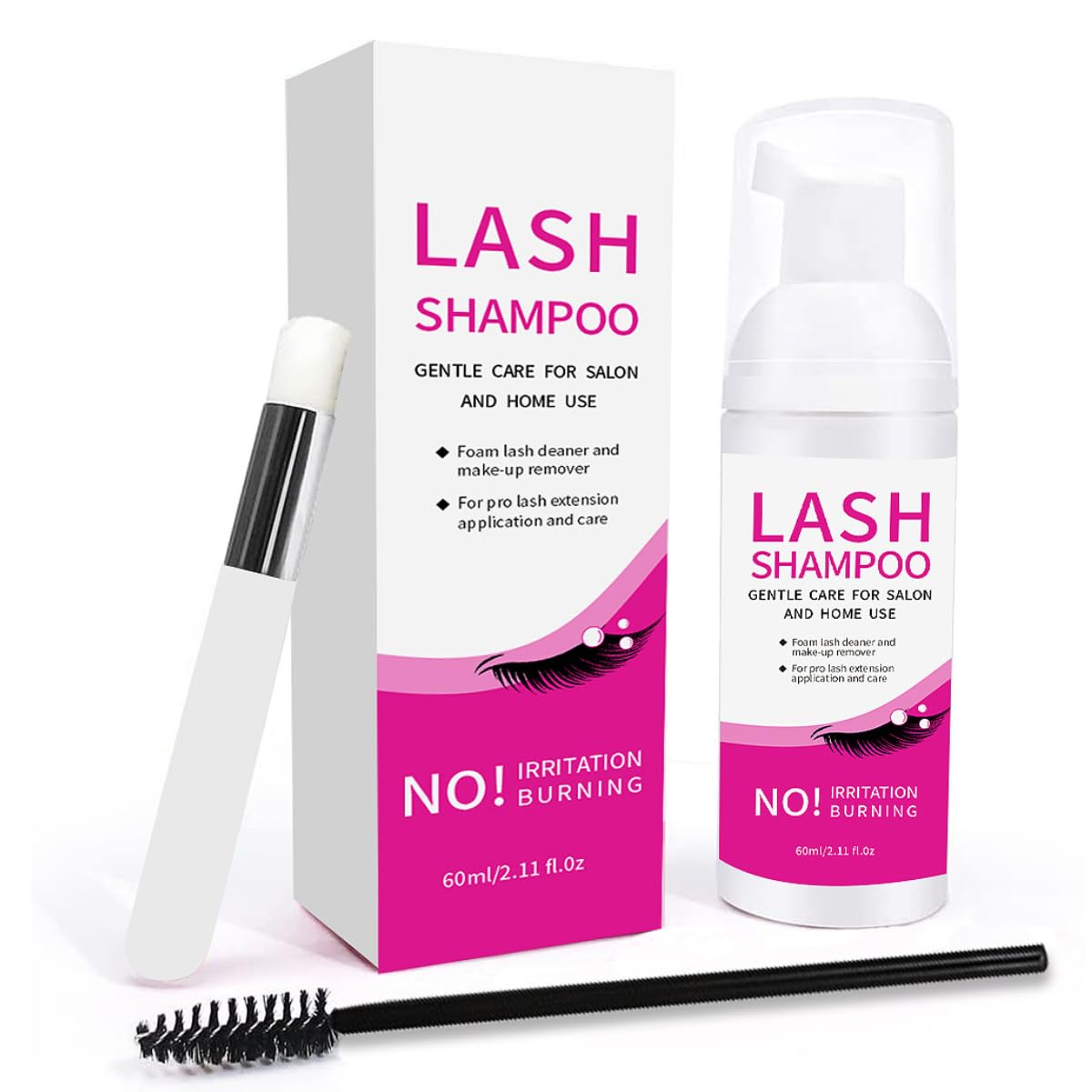 Champú de extensión de pestañas de 60 ml con 2 cepillos, champú para pestañas para extensiones de pestañas, pestañas naturales, limpiador espumante, salones de espuma para el hogar, seguro para