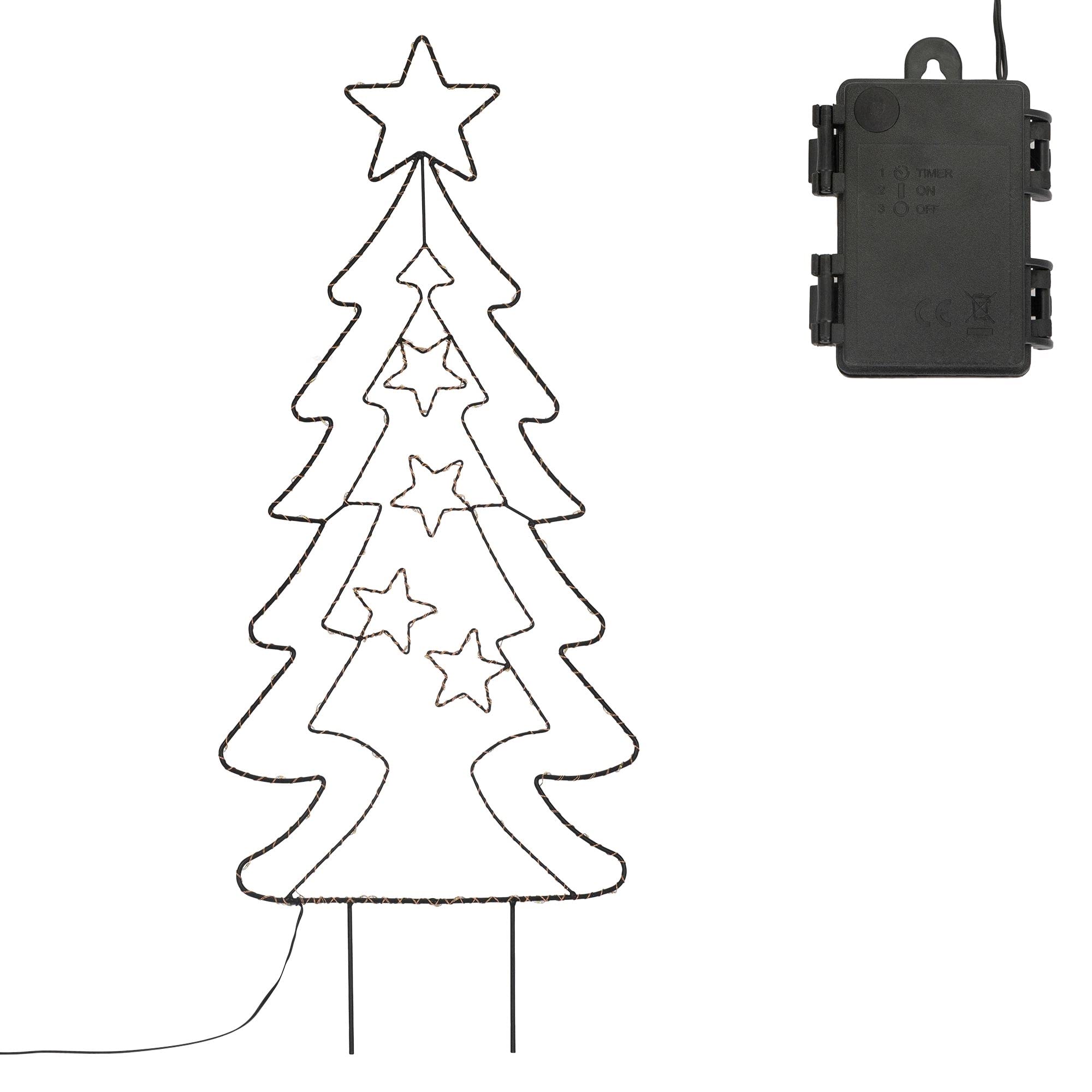ECD Germany LED Gartenstecker Weihnachtsbaum Tanne 87cm 90 LEDs Warmweiß 6 Std Timer Batteriebetrieben Innen/Außen Metall LED Baum Weihnachten Dekoration Garten Deko Tannenbaum beleuchtet Lichterbaum