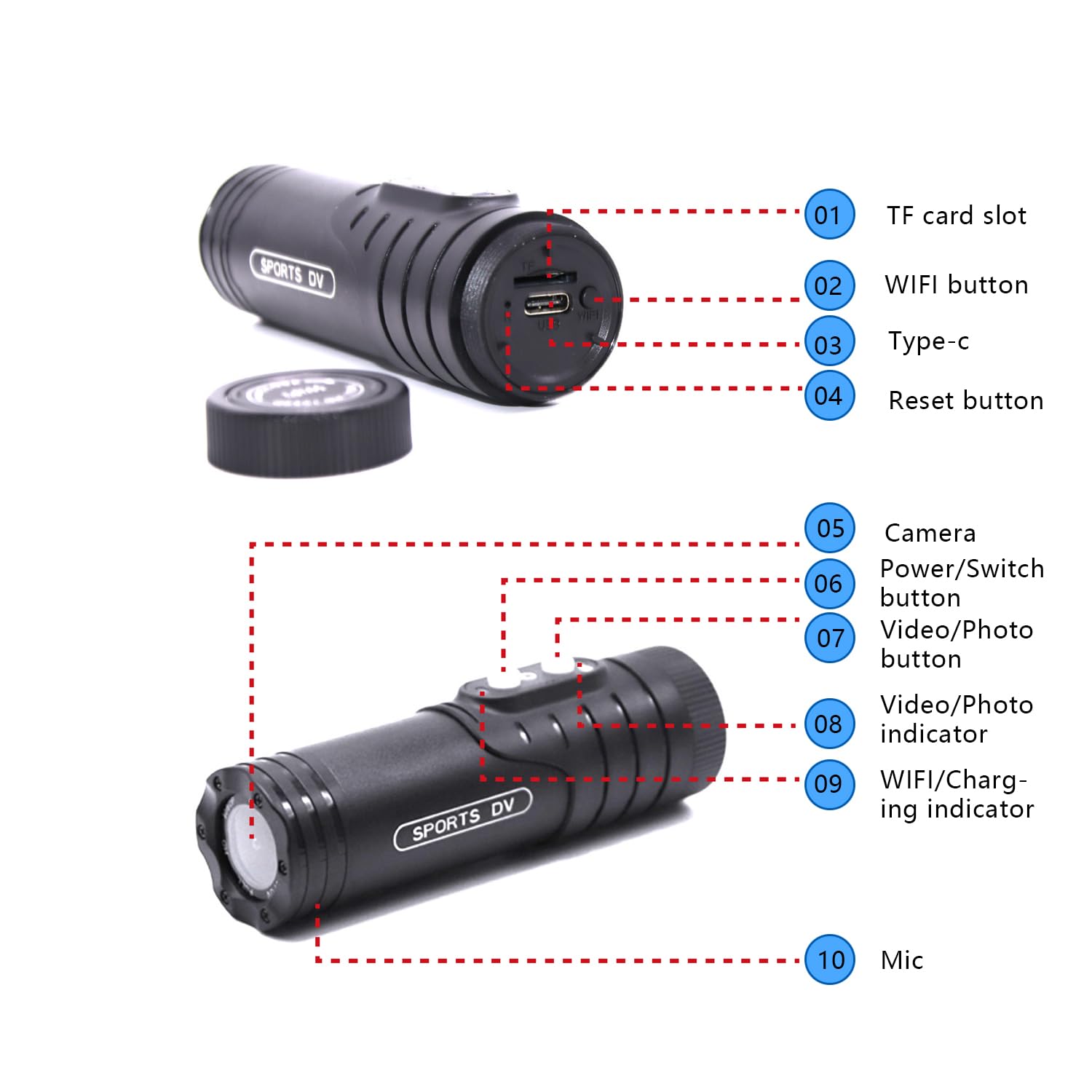 TKMARS Caméra Sport WiFi pour Moto et Vélo, Mini Caméra de Casque 1080P Full HD Étanche avec Micro Objectif Grand Angle 120° Enregistrement en Boucle Caméra Applicable à Smartphones et Cartes SD Noir