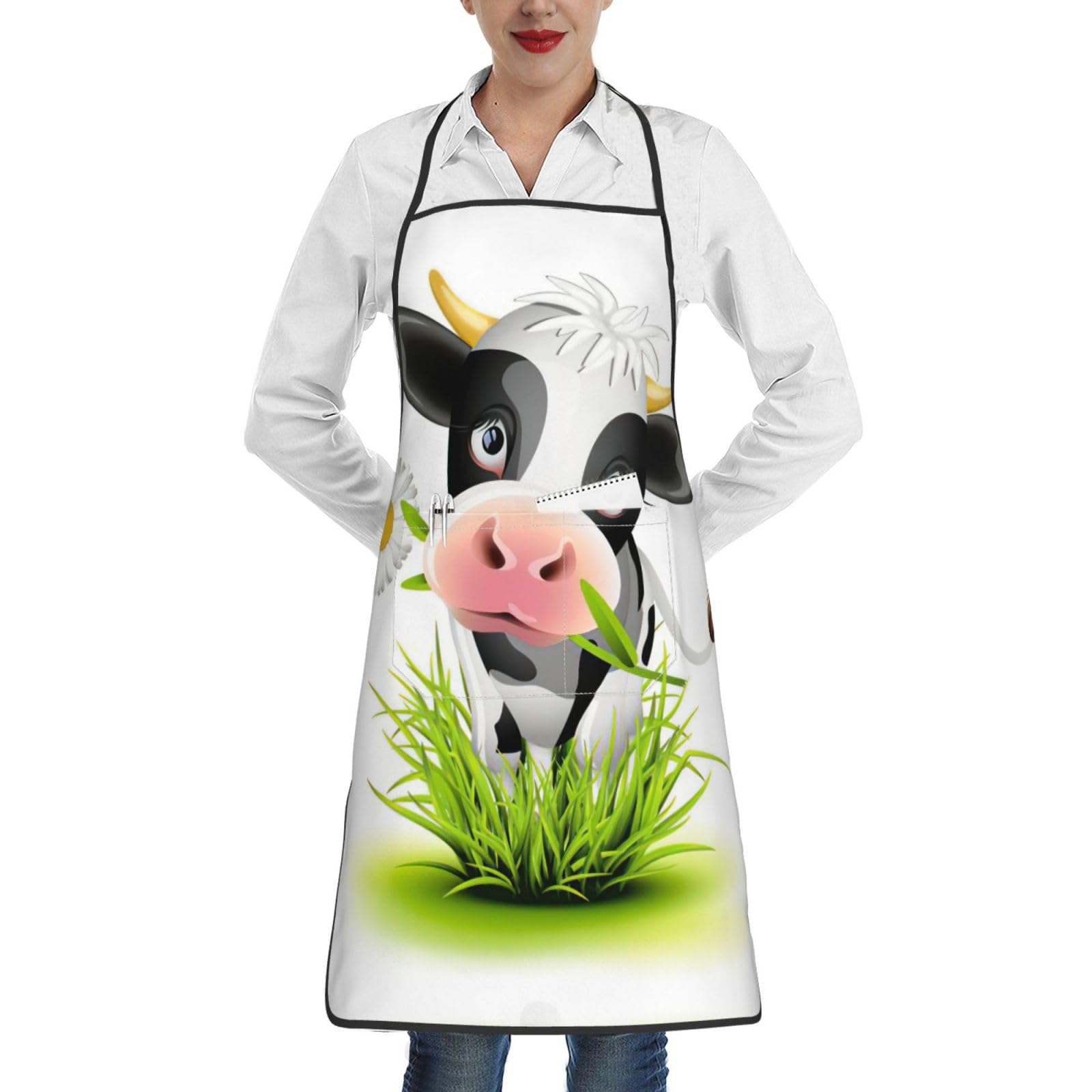 Uusnwaa Women's White Cooking Cute Cow Print Apron,Aprons For Men With Pockets,Chef Apron,Gardening,Painting,Bbq,Artist
