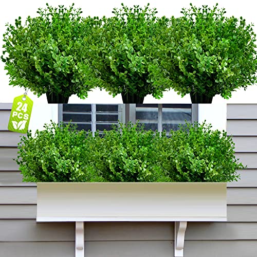 Jiftok 24 Pcs Outdoor Artificial Plants Uv Resistant, Fake Outdoor Plants Faux Boxwood Plants Greenery Stems, Artificial Plastic Shrubs Bushes For Outdoors Home Decor Indoor Porch Garden Planter #TOP25