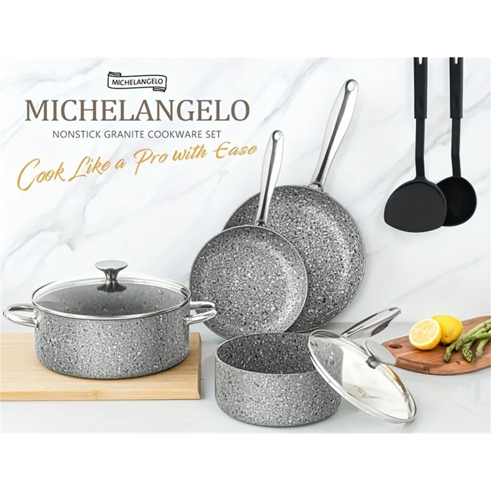 8-częściowy zestaw garnków i patelni, naczynia kuchenne z powłoką granitową, aby uzyskać efekt Super Nonstick, niezbędne kamienne przybory kuchenne Cookwa, szary granit 8, sztuka, jeden