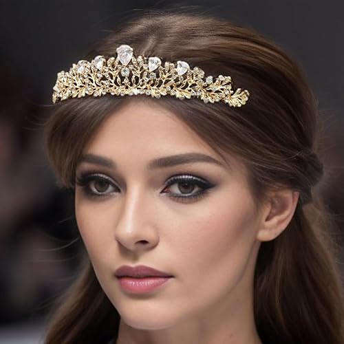 Miniatura 6 de Samky Tocado nupcial de boda de oro, corona de diamantes de imitación, accesorios para el cabello de cristal para la novia, Metal, Cristal