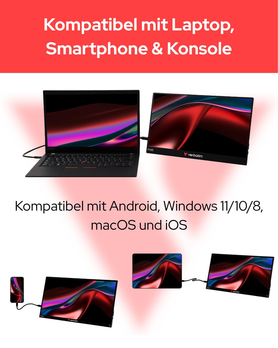 Verbatim Portable Monitor 15,6 Zoll Full HD USB-C HDMI für Laptop PS5 | Tragbarer Monitor mit USB-C und HDMI für Macbook, PC, Laptop, Tablet, Spielekonsole und mobiles Arbeiten unterwegs