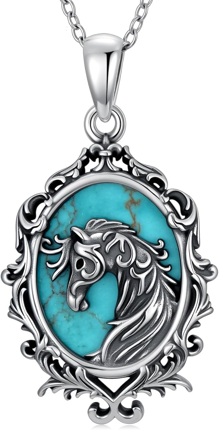 Natural Turquoise Horse Pendant Necklace for Women 925 Sterling Silver Genuine Turquoise Jewelry Gifts for Horse Lover