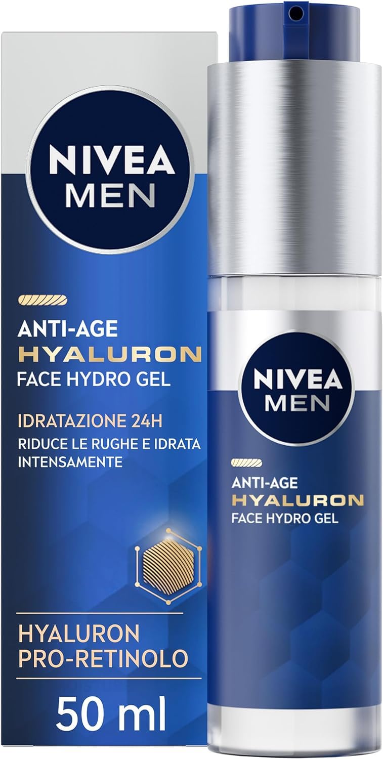 NIVEA MEN Anti-Age Hyaluron Hydro Gel Uomo 50 ml, Crema viso uomo per pelli mature, Crema viso acido ialuronico idratante, rivitalizzante e rinfrescante