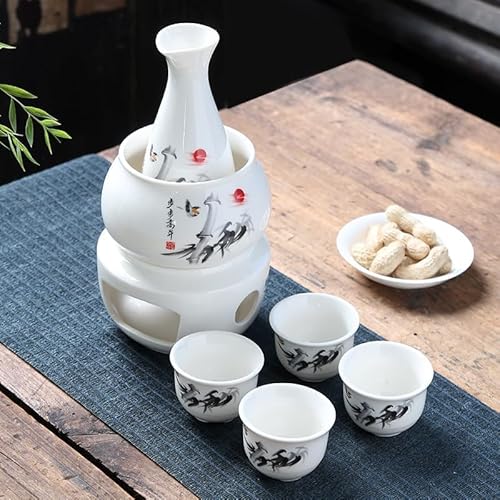 Vzfv 日本酒用 酒器セット 熱燗器 徳利・お猪口・温めボウル・暖房ベース付き 陶磁器 伝統の禅スタイル 冷酒/熱燗対応 焼酎にも最適 ギフト・家庭用 ブラックA (ホワイト B)