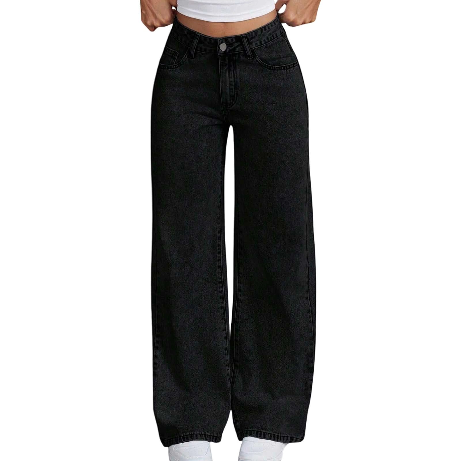 Jeans Elastico Vita-Pantaloni in Denim A Vita Alta Svasati per Ragazze Adolescenti con Tasche Posteriori Ricamate, Jeans Casual A Gamba Larga Effetto Consumato, Comodi Jeans Elasticizzati Morbidi