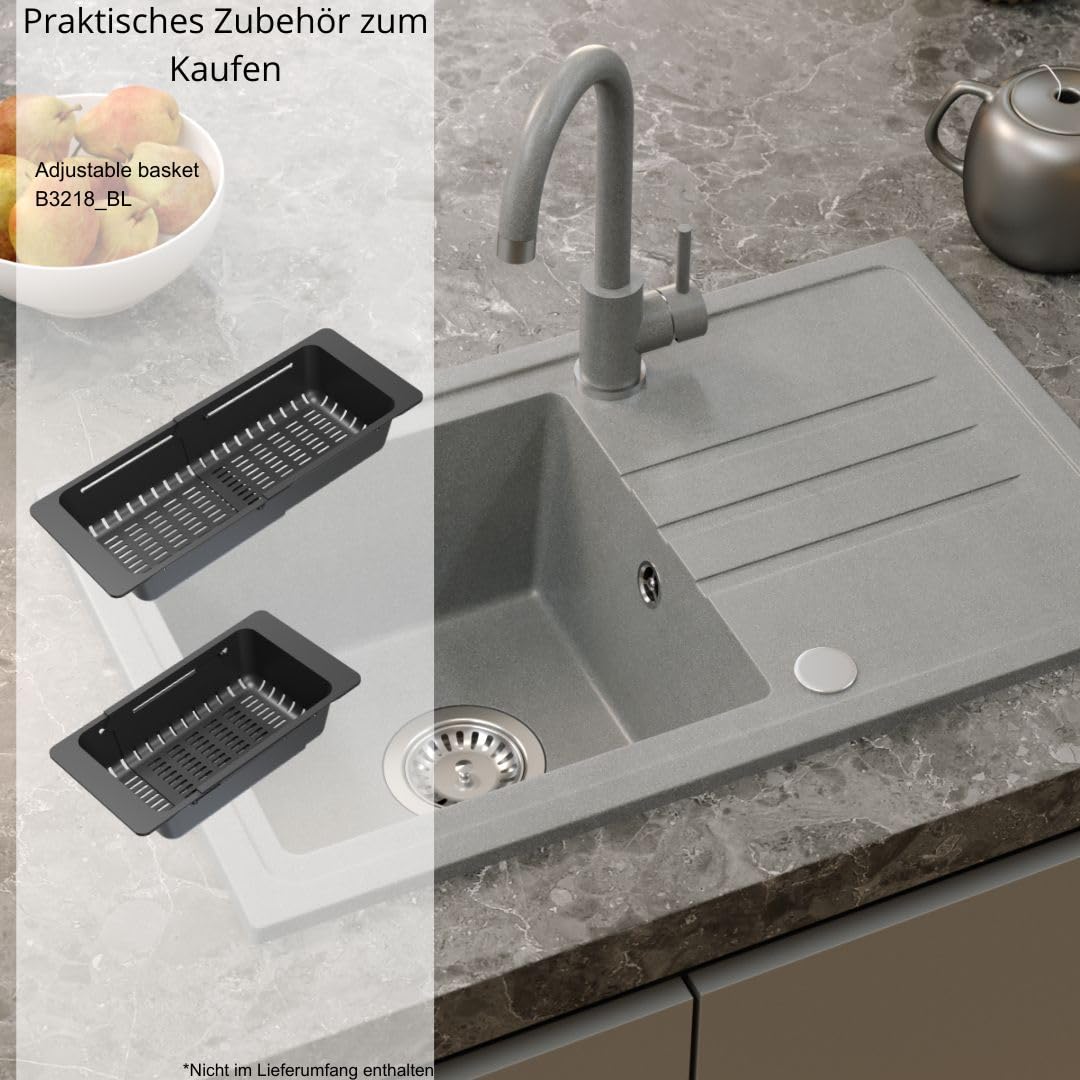 QUADRON Spülbecken Granitspüle Küche | Größe: 70 x 44 x 17,5 cm, Farbe: Schwarz | BEN 111 Küchenspüle Einbeckenspüle Set: Granitspüle + Schwarz/Stahl Flexibel Küchenarmatur + manuell Siphon