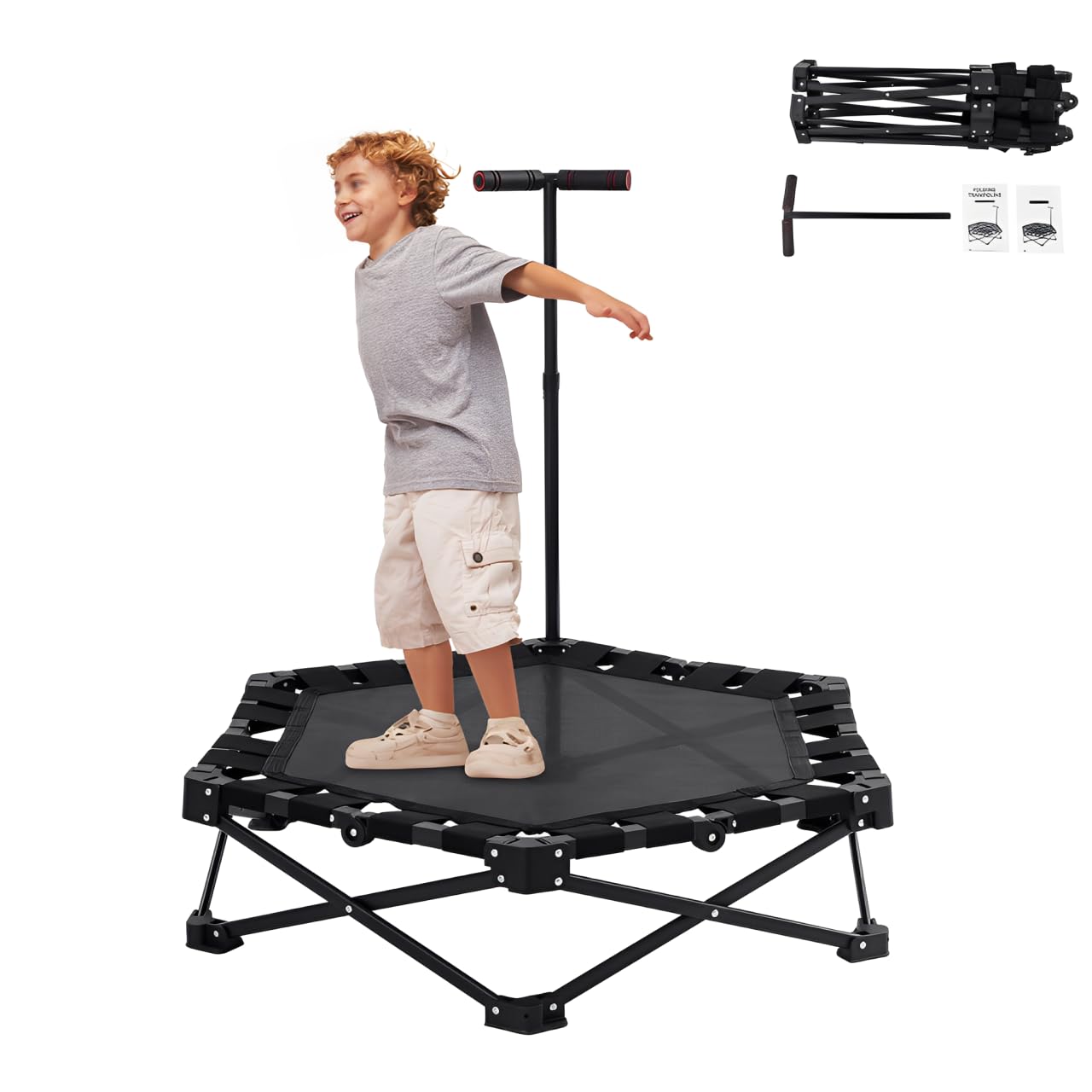 Składana mini trampolina fitness, dla dorosłych Ø 107 cm, 3 regulowane stopnie uchwytu, nośność 150 kg, stabilna i cicha (20 dB), do użytku wewnątrz i na zewnątrz