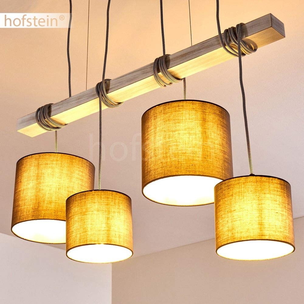 HOFSTEIN Pendelleuchte Bramois, Hängelampe aus Metall mit Textilkabel, Leuchtenschirme aus Stoff in Grau/Weiß, Hängeleuchte im Retro/Vintage-Design mit Schirmen aus Stoff, 4 x E27, Esszimmer, Küche