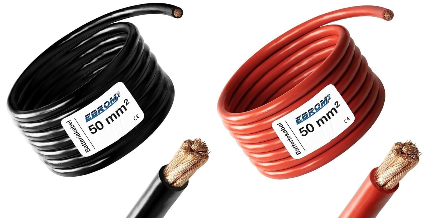 EBROM - 2 Meter Batteriekabel - rot und schwarz - Pluskabel und Massekabel - 50mm2 | 50 mm² | 50 mm2 - Vollkupfer 99,9% OFC Kupfer Stromkabel - Ihre Länge: je 2 Meter
