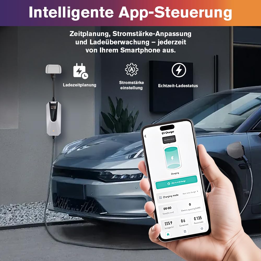 Junsun Typ 2 Ladekabel für EV Elektroauto, 22 kW, 32A, 3-Phasig, 6m Kabel, APP-gesteuert, IP65 wasserdicht, Schnell-Ladegerät für Elektrofahrzeuge