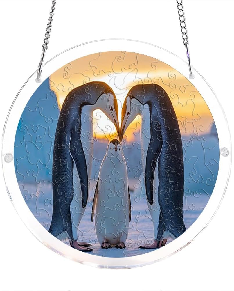 Penguins Family Heart Shape Acrylic Jigsaw Puzzles Suncatcher, 7.4 Inch Window Hanging Suncatcher Acrylic Puzzle, DIY Home Decor Art Gift