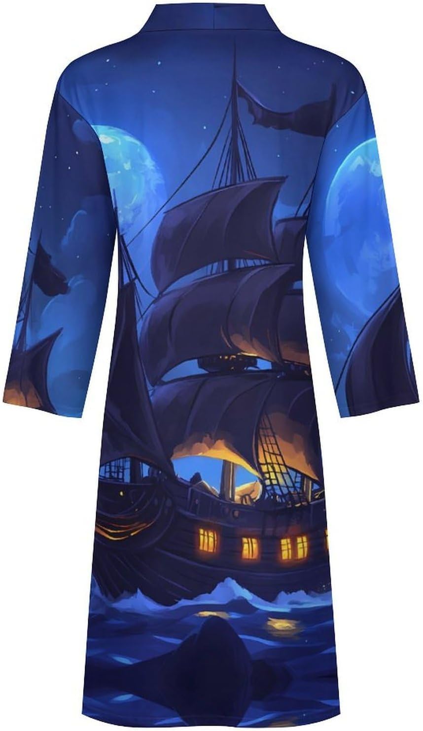 PiratesShip And Moon Mens Robe Long Bathrobe for Women Bath Robes Lightweight Soft Printed Sleepwear