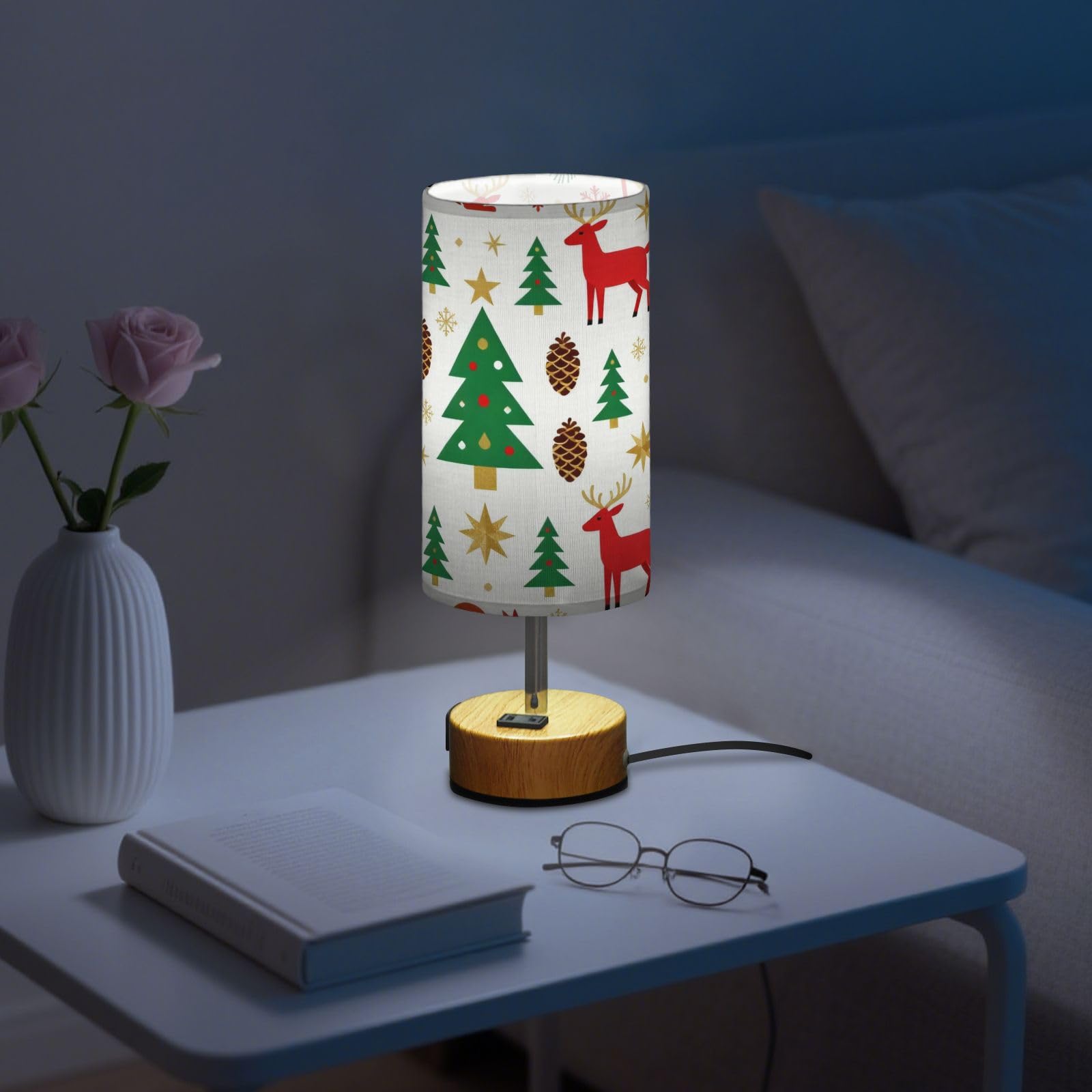 Renifer wiewiórka sosna płatek śniegu szyszka LED sterowanie dotykowe lampa stołowa lampka nocna lampa biurkowa z kloszem z tkaniny żarówka LED w zestawie na kemping
