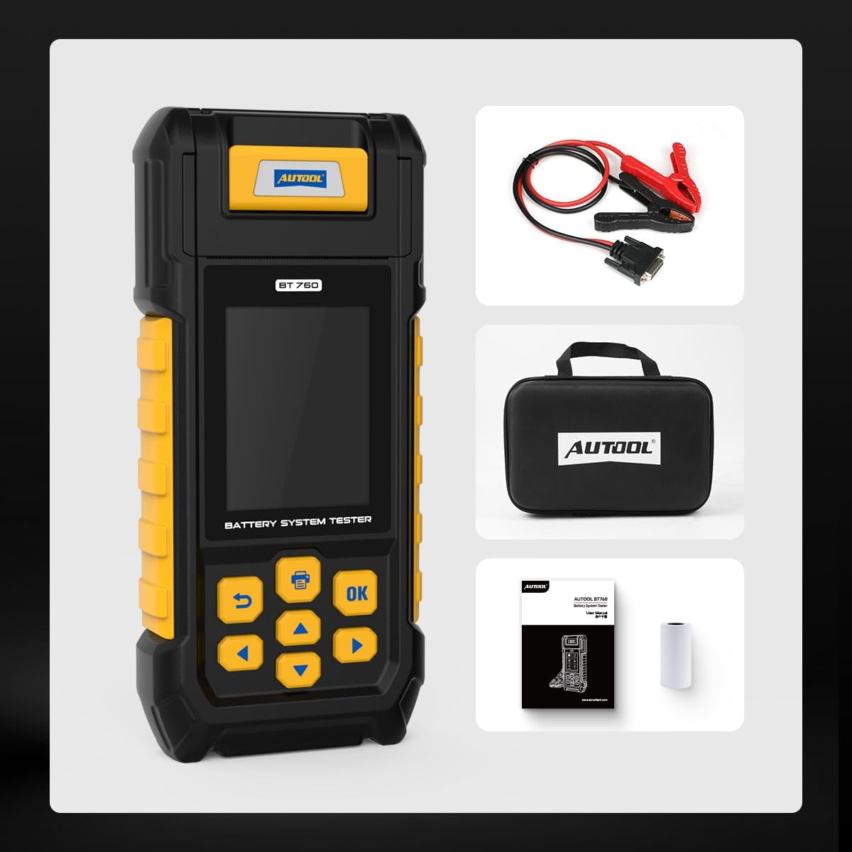 AUTOOL BT760 - Comprobador de carga de batería de 12 V/24 V para vehículos de motor con 30 – 2000 CCA, analizador de batería para arranque y sistema de carga con impresora para camiones pesados