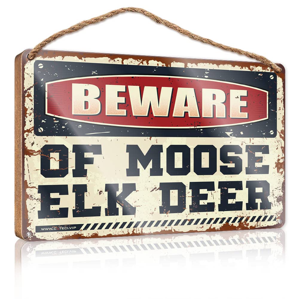 FZFN Spring Porch Sign Beware Of Moose Elk Deer Wooden Sign Restroom Decor Welcome Sign For Front Porch Standi(20X30CM)