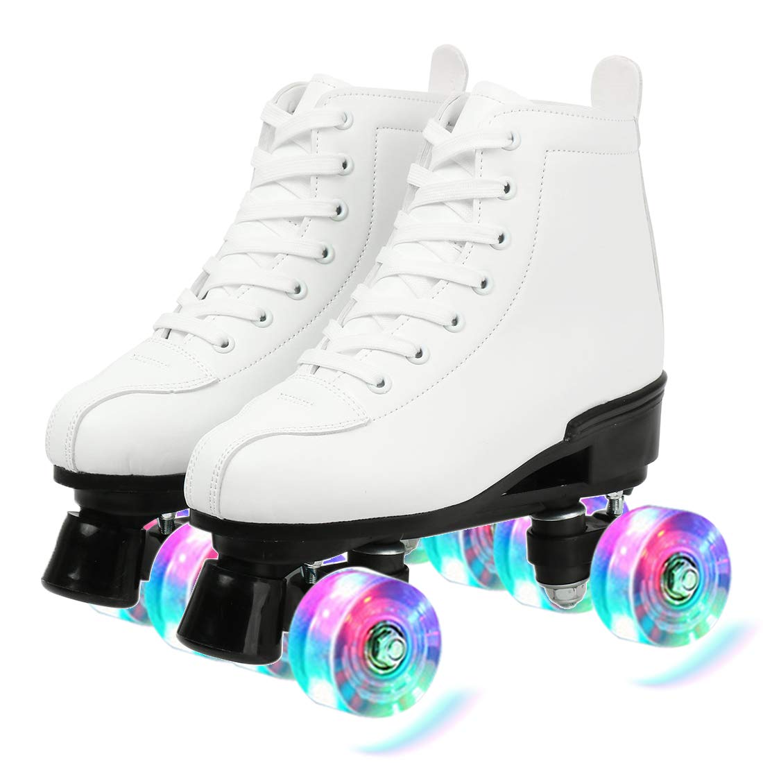 XUDREZ Classic Roller Skates High-Top Double-Row Leather Roller Skates for Women and Men (White Flash Wheel,7)