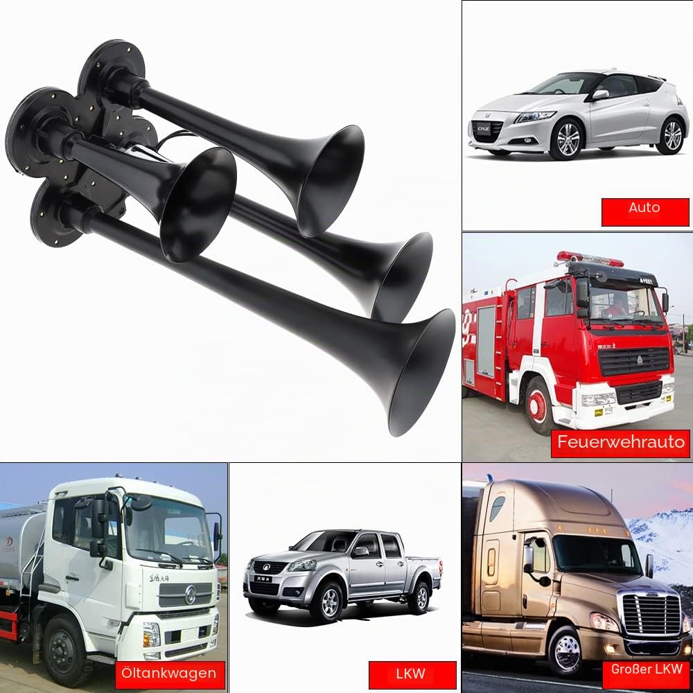 4 Trompeten Lufthupe Zughorn 12 V 178 dB Super laut Schwarz Vier Trompeten Auto-Lufthupe für Autos LKWs Boote SUV Motorräder Fahrzeuge