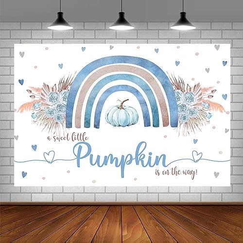 Miniatura 3 de Sendy Telón de fondo bohemio de calabaza azul de 7 x 5 pies para baby shower, otoño, A Little Pumpkin Boy is on The Way, suministros de decoración