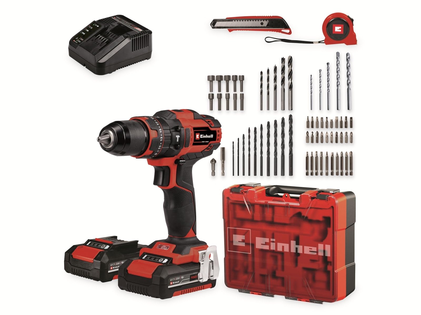 Einhell Aku. zestaw wiertarko-wkrętarki z udarem TE-CD 18/40 Li-i +64 (2x2,0Ah) Power X-Change (Li-Ion, 18V, 40Nm, elektr. pręd., 2-bieg. przekł., maks. 24 000 min-1, akumulatory, ładow. i akces.)