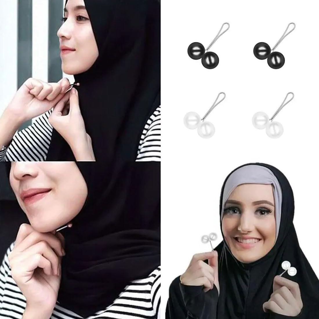 24 épingles Hijab Perles élégantes - 4 Couleurs (or Rose, Or, Blanc, Noir) - Clip Sécurisé Anti-glissement - Pour Foulard, Châle, Robe