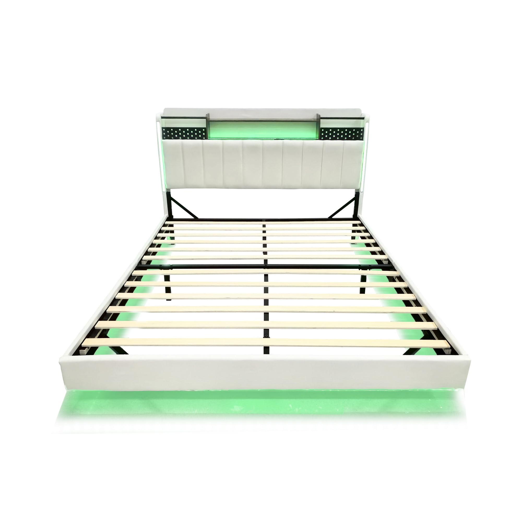 Moimhear Letto imbottito 140x200 cm con illuminazione a LED e presa USB, testiera con vano contenitore, galleggiante, letto per ragazzi, letto per adulti, tessuto di lino (Beige)