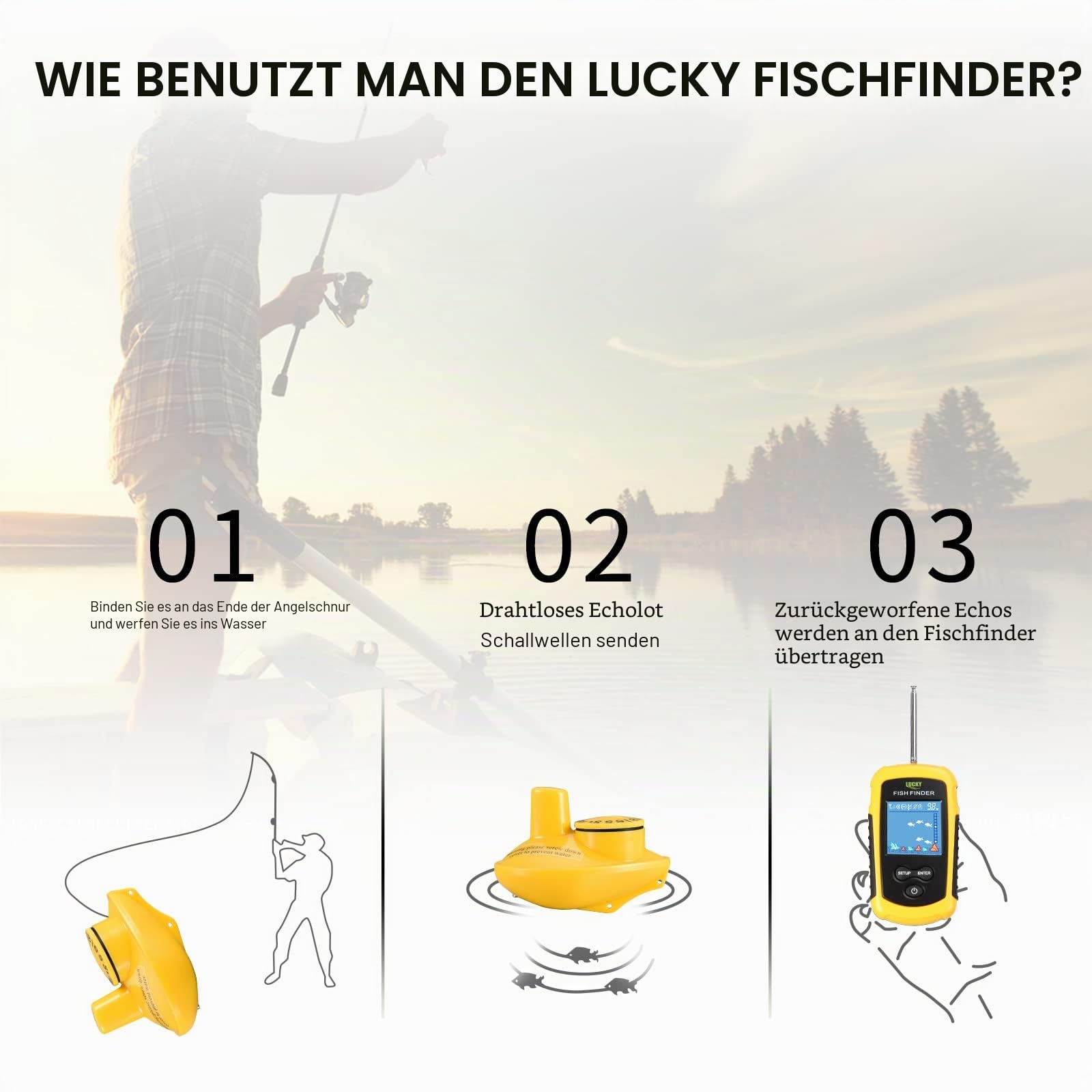 LUCKY Fischfinder Wireless Farbe Tragbarer Portable Angeln Sonar Sensor LCD Tiefe Finder Echolot