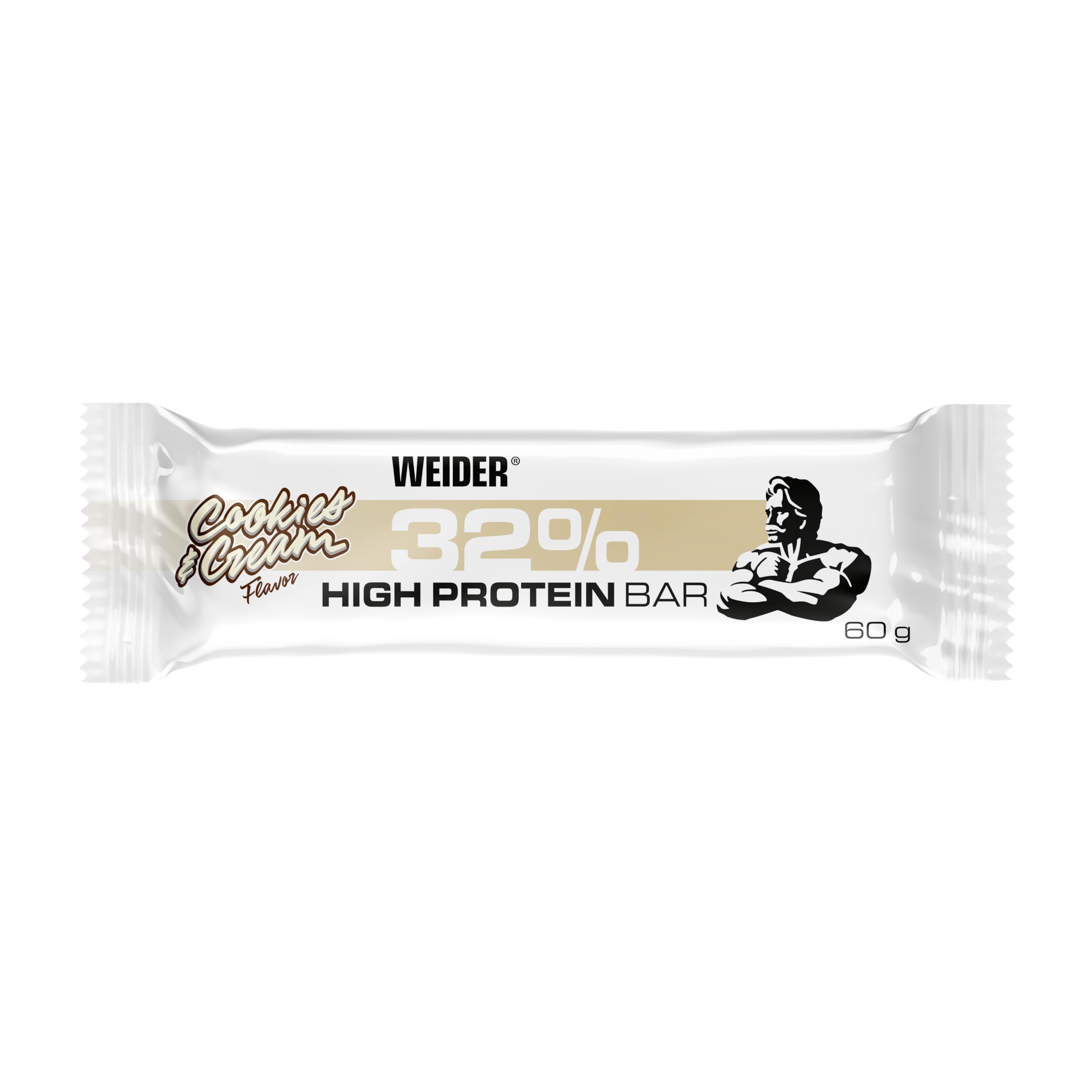 WEIDER 32% Protein Bar, deliciosa barrita protéica recubierta de chocolate fino, alto contenido en proteínas, barrita energética, snack para aumento masa muscular, Galletas y crema, 12 x 60 g