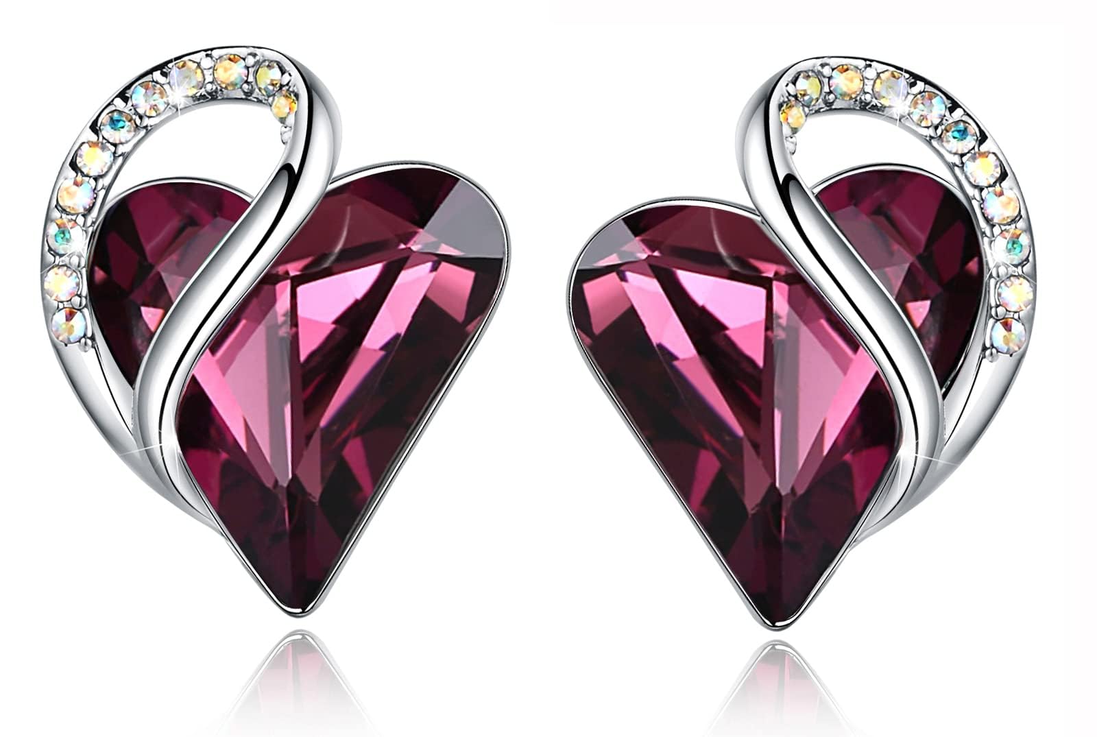 Earrings for Women, Mothers Day Gift for Mom, Heart Birthstone Crystal Stud Earring, Silver Plated Birthday Jewelry