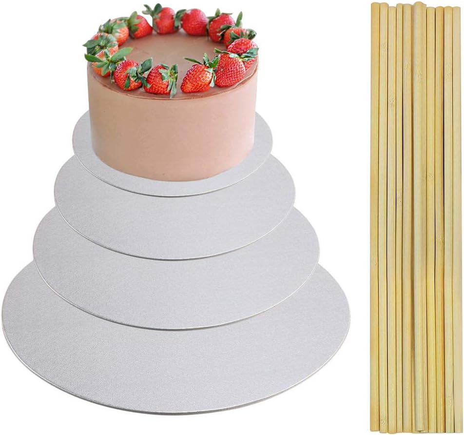 MaYuLa 4Pcs Cake Board 12'' 10'' 8'' 6'' Inch Round Cake Base 10Pcs Wooden Cake Dowels for Tiered Cakes White Cake Board Cake Drum Cake Cardboard Wedding Cake Board Set for Birthday Party Cakes Pizza