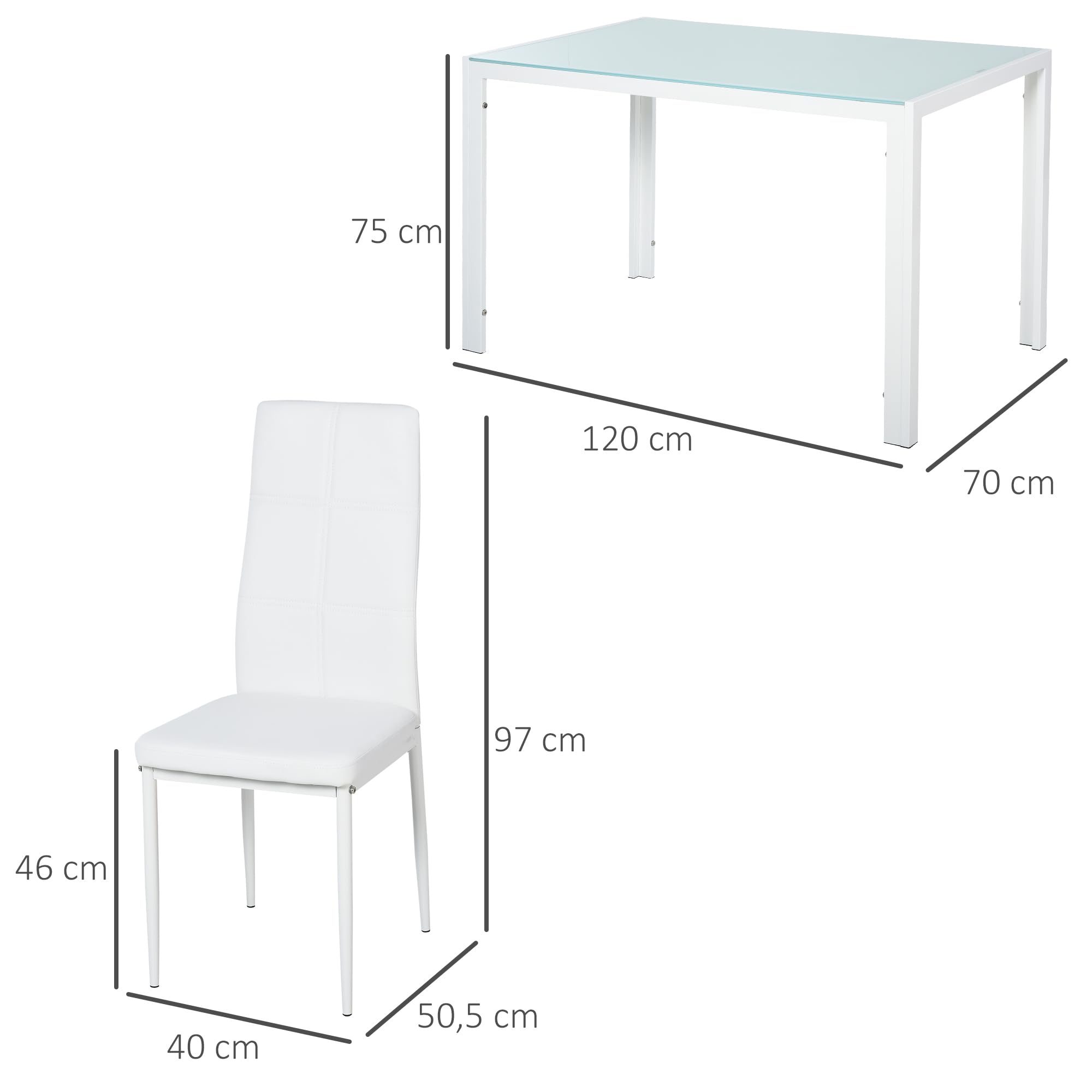 HOMCOM Ensemble Table à Manger avec 4 Chaises, Table de Cuisine en Cuir Synthétique, Verre Trempé, Acier, Blanc