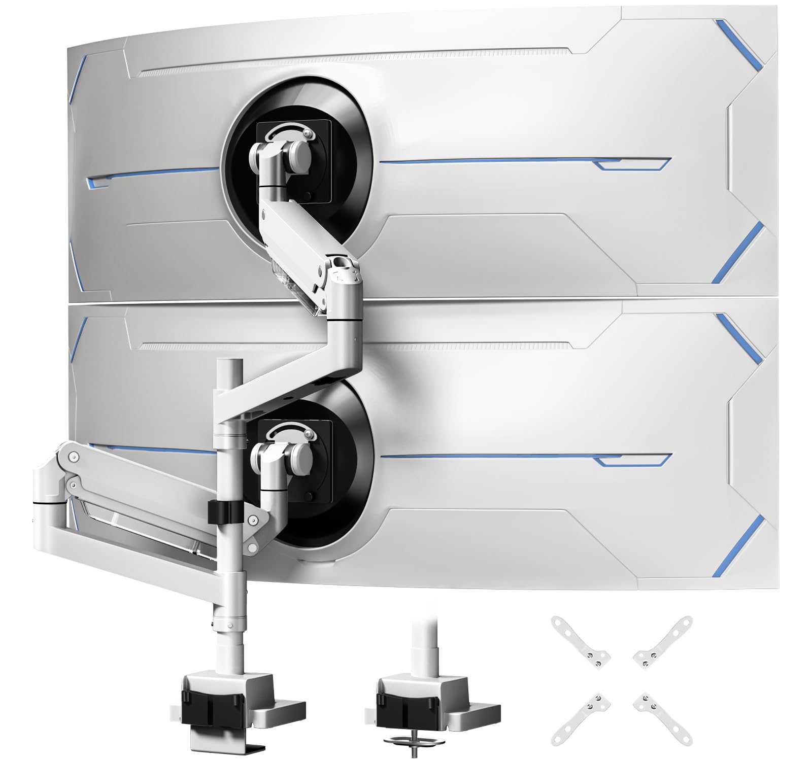 Braccio Monitor Doppio Verticale per 24-57-pollici - Regolazione Dell'altezza con Inclinazione e Girevole Supporto Doppio Monitor, Capacità di Carico da 2-27 kg, VESA 75/100/200 mm, Bianco