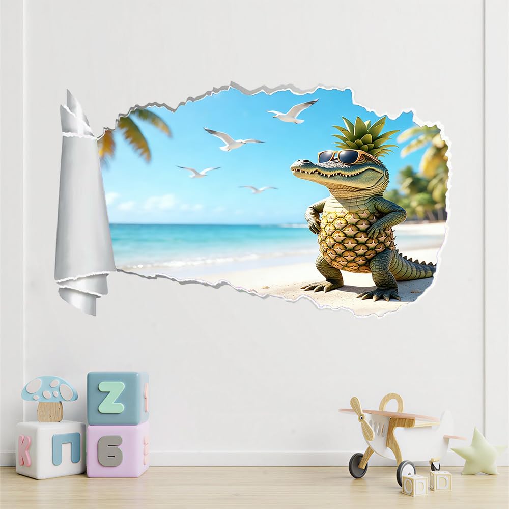 Pegatinas de decoración de pared 3D, Piña De Cocodrilo Calcomanías De Suelo De Impermeables Extraíbles, Gaviotas En La Playa Calcomanías De Mural De Pared Rotas Para Niños Dormitorio