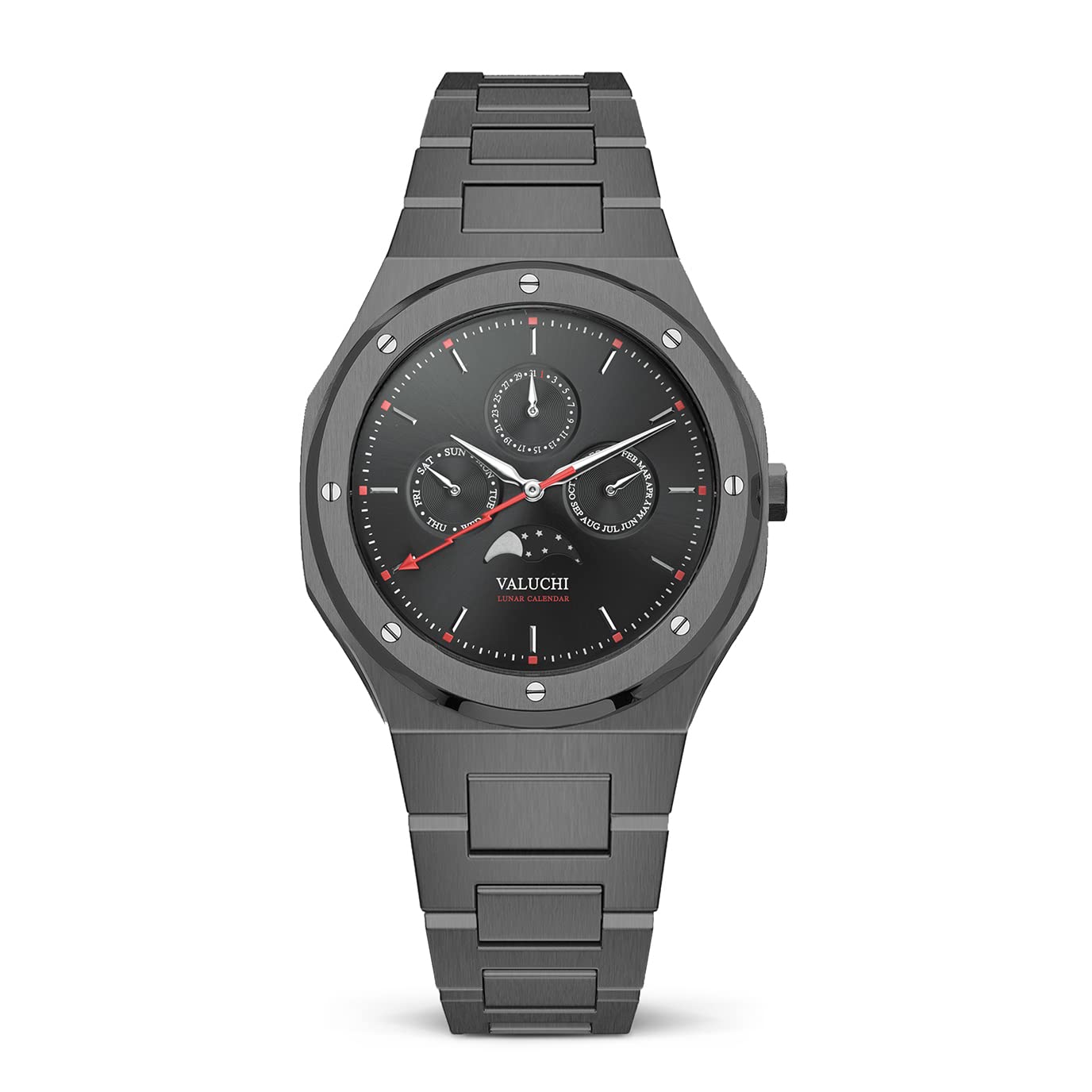 Valuchi Luxury Fashion Men's Lunar Calendar Waterproof Stainless Steel Moonphase Sapphire Glass Japa