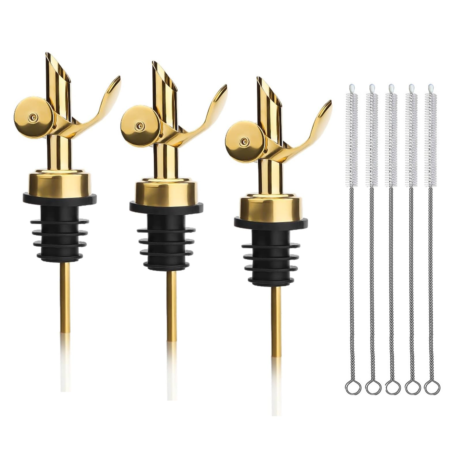 3er Pack Selbstschließender Ausgießer Edelstahl in Gold, Flaschenausgießer für präzises Ausgießen von Alkohol, Olivenöl und Essig mit Reinigungsbürsten