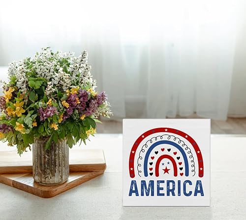 Miniatura 7 de Letrero patriótico de madera con diseño de arco iris, decoración de Estados Unidos, para el Día de la Independencia, letrero cuadrado de madera para
