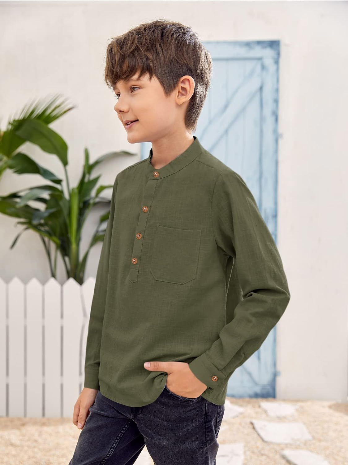 Inorin Boys Linen Shirt Button Up Henley Long Sleeve Dress Shirts Cotton Lightweight Tees Tops with One Pocket - Image 2