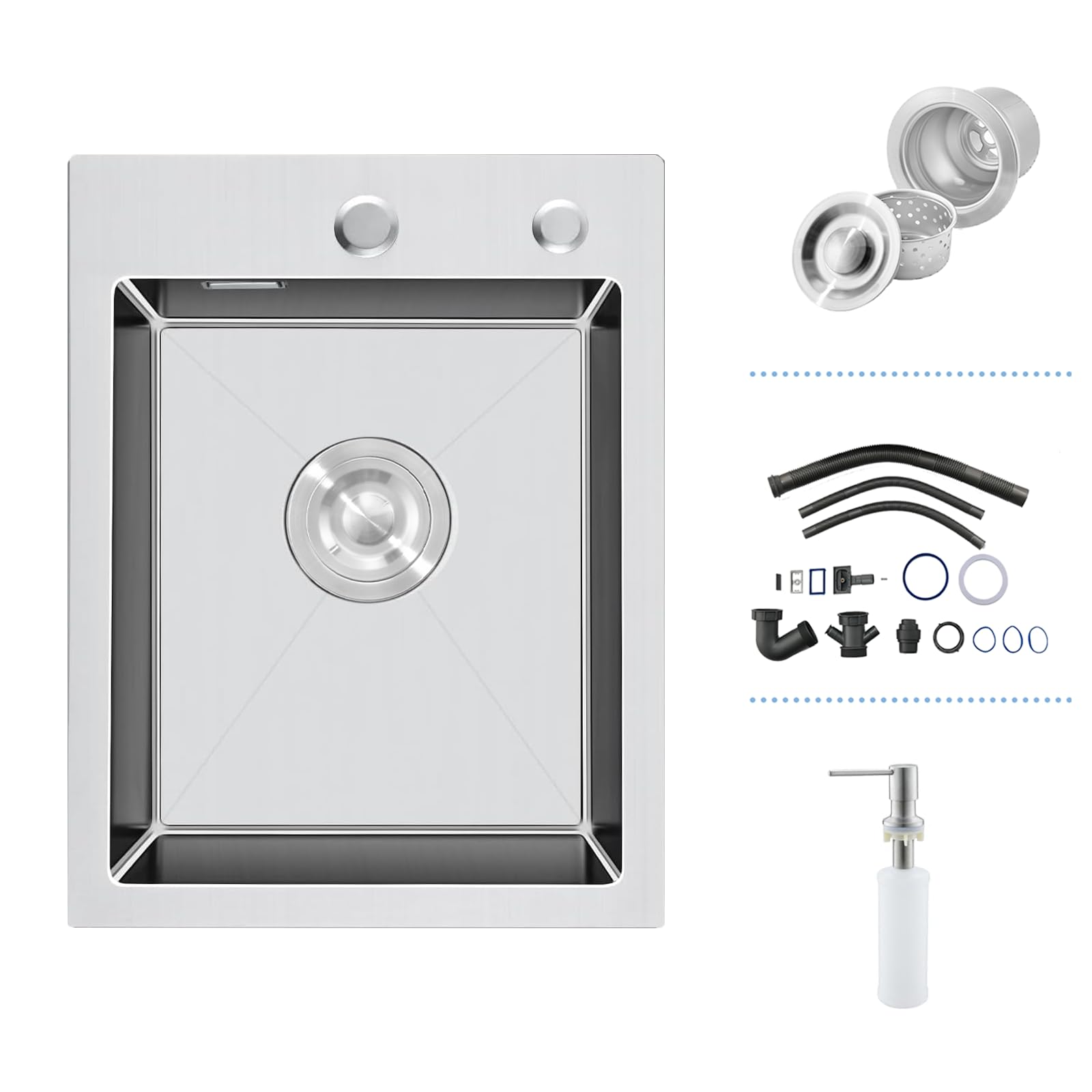 iAnomla 304 Stainless Steel Kitchen Sink 35 x 45 cm, Small Kitchen Sink, Drop in Topmount Single Bowl with 2 Tap Holes Overflow, Siphon and Soap Dispenser, 1 Bowl, Brushed Nickel