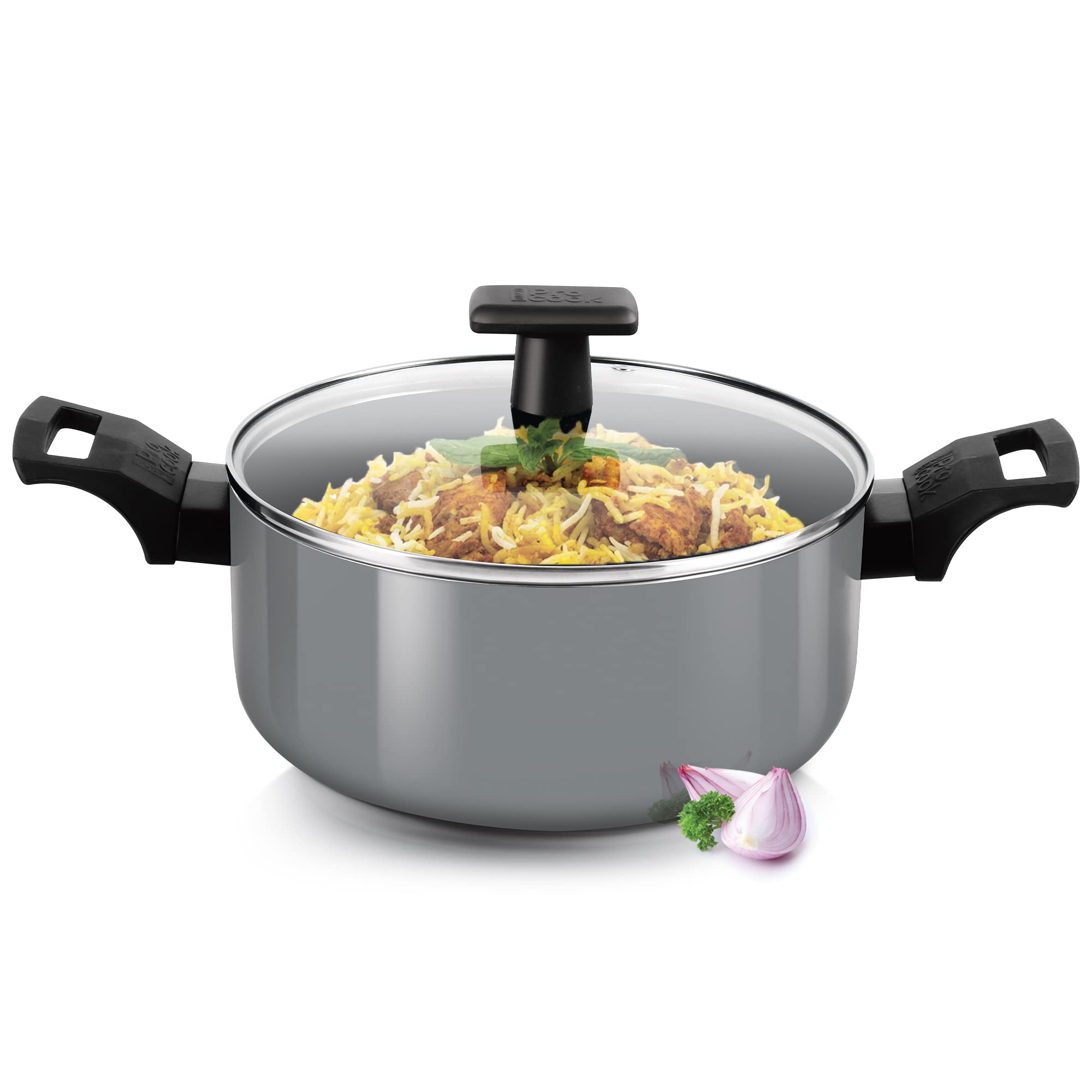 Milton Pro Cook Blackpearl Non-Stick Aluminium Biryani Pot/Casserole/Handi/Stock Pot with Glass Lid, 22 cm, 3.5 litres, Cook-N-Serve Bowl, Gas and Induction Friendly, Grey, 1 Years Warranty