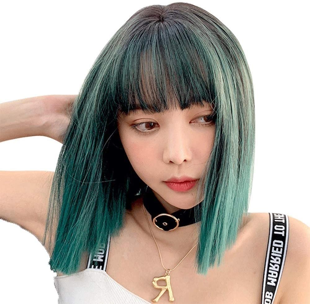 Perruque vague d'eau courte synthétique vert gris avec raie pour femme